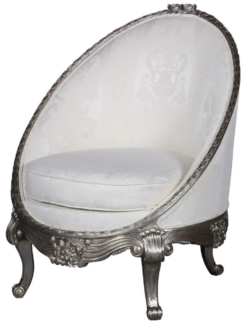 Casa Padrino Luxus Barock Sessel Weiß / Silber 80 x 87 x H. 100 cm - Edler Wohnzimmer Sessel in Eiform - Barock Wohnzimmer Möbel
