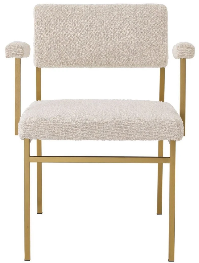 Casa Padrino Luxus Esszimmerstuhl Creme / Messingfarben 64 x 67 x H. 84 cm - Edler Küchenstuhl mit Armlehnen - Luxus Esszimmer Möbel
