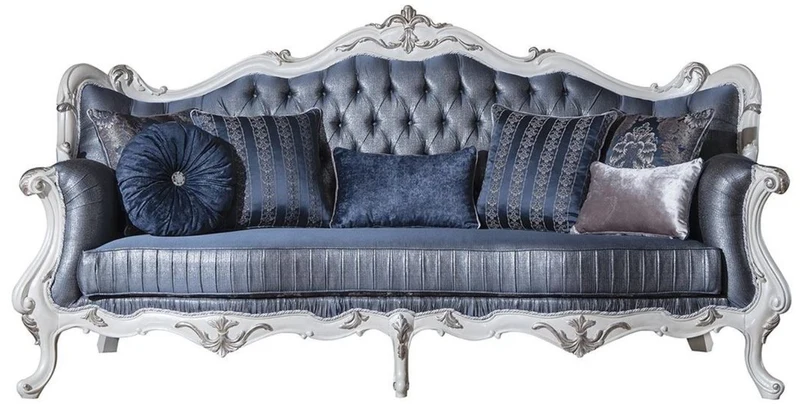 Casa Padrino Luxus Barock Wohnzimmer Sofa mit dekorativen Kissen Blau / Weiß / Silber 240 x 90 x H. 120 cm - Prunkvolle Barock Möbel