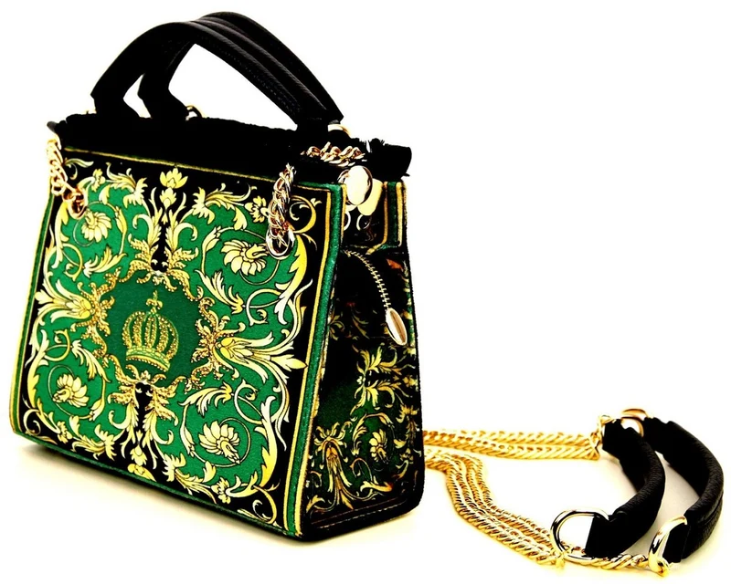 Pompöös by Casa Padrino Luxus Damen Handtasche Baroque Flowers mit Krone und Strass Steine Grün / Schwarz / Gold 25 x H. 20 cm - designed by Harald Glööckler