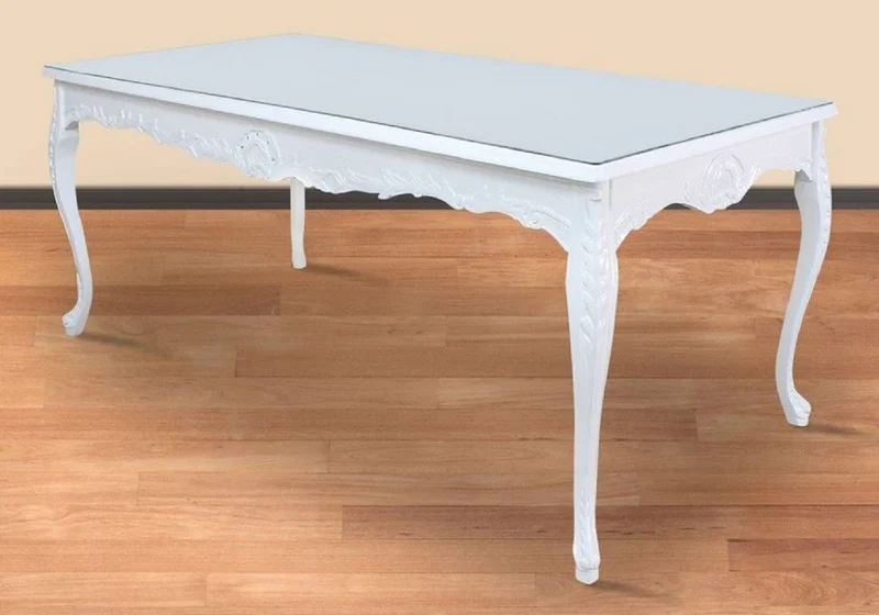 Casa Padrino Barock Esstisch Weiß 200 x 100 x H. 90 cm - Massivholz Küchentisch mit Glasplatte - Barock Esszimmer Möbel