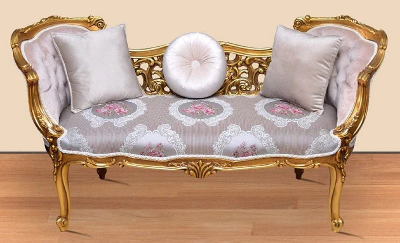 Casa Padrino Barock Sitzbank Silber / Rosa / Gold 150 x 55 x H. 80 cm - Prunkvolle Massivholz Bank mit edlem Blumenmuster - Barock Möbel