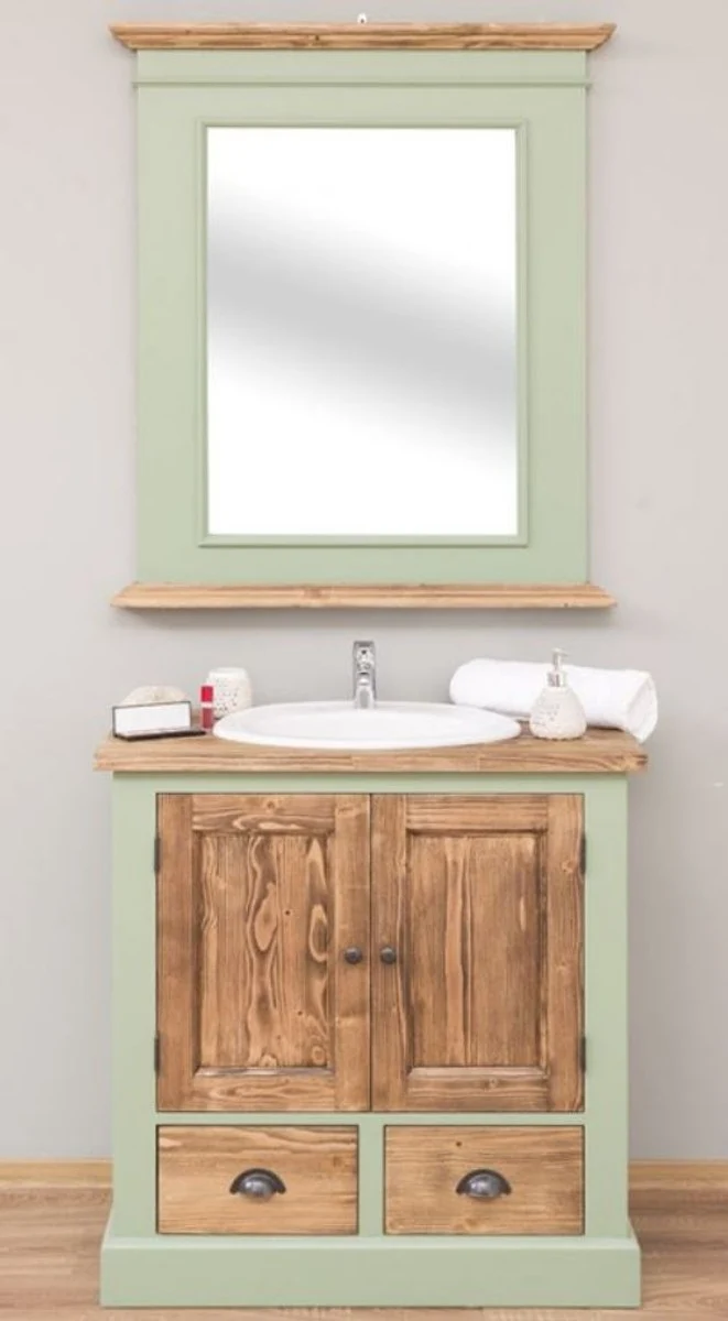 Casa Padrino Landhausstil Badezimmer Set Hellgrün / Braun - 1 Waschtisch & 1 Wandspiegel - Massivholz Badezimmer Möbel im Landhausstil