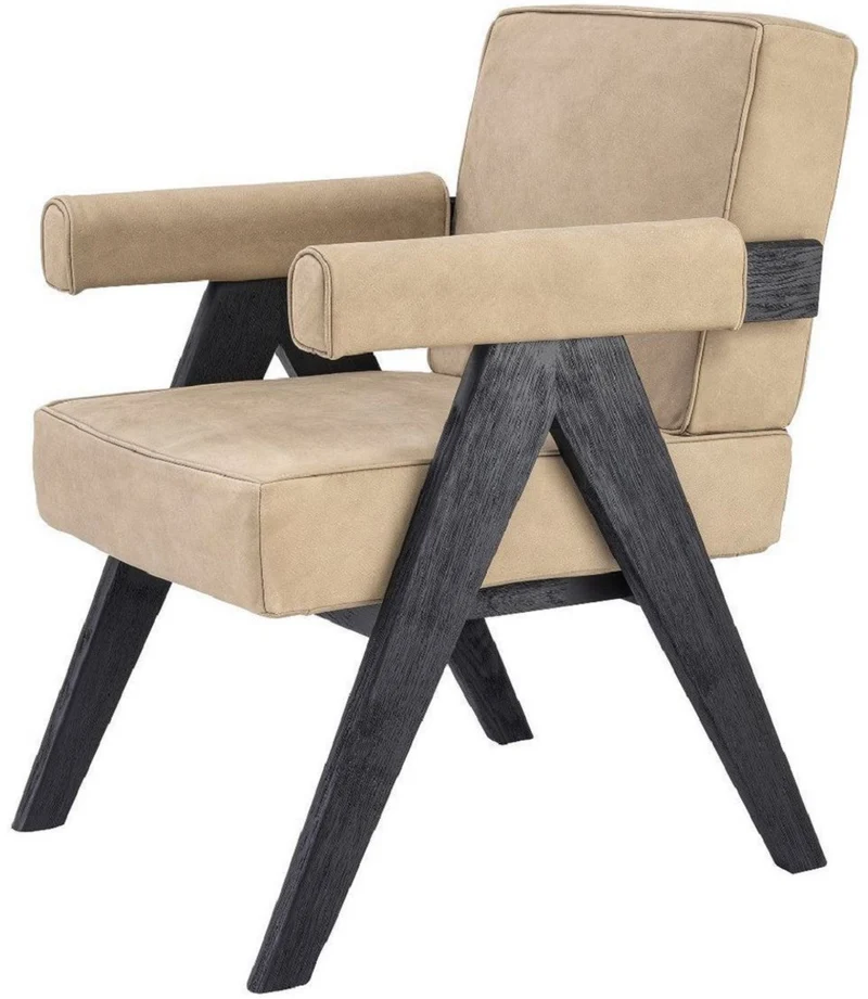 Casa Padrino Luxus Echtleder Esszimmerstuhl mit Armlehnen Beige / Schwarz 64 x 70 x H. 87,5 cm - Küchenstuhl mit edlem Nubuk Büffelleder - Luxus Esszimmer Möbel