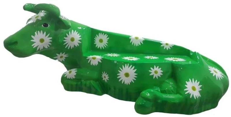 Casa Padrino Designer Sitzbank Kuh mit Blumen Design Grün / Weiß 200 x H. 98 cm - Wetterbeständige Kuh Skulptur Gartenbank - Garten & Terrassen Deko Accessoires