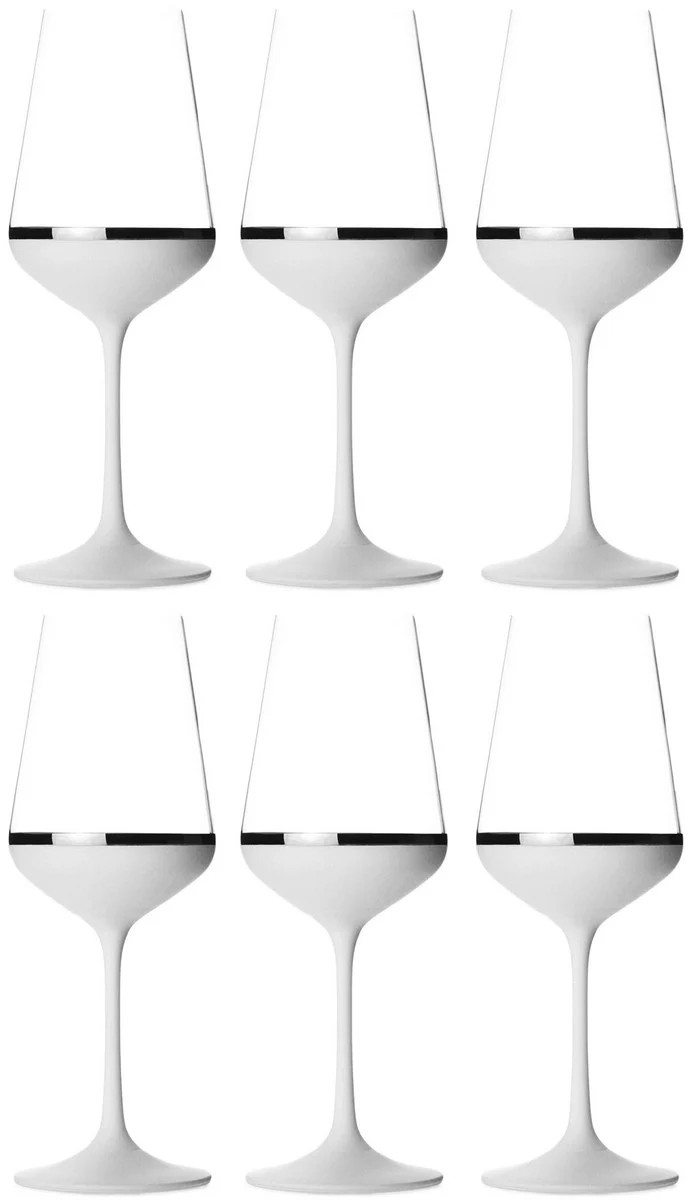 Casa Padrino Luxus Rotweinglas 6er Set Weiß / Silber Ø 8,5 x H. 24 cm - Handgefertigte und handbemalte Weingläser - Hotel & Restaurant Accessoires - Luxus Qualität