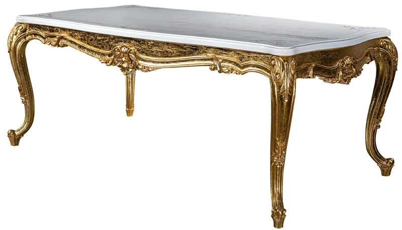Casa Padrino Luxus Barock Esstisch Weiß / Gold 202 x 102 x H. 80 cm - Massivholz Küchentisch - Esszimmertisch - Prunkvolle Esszimmer Möbel im Barockstil
