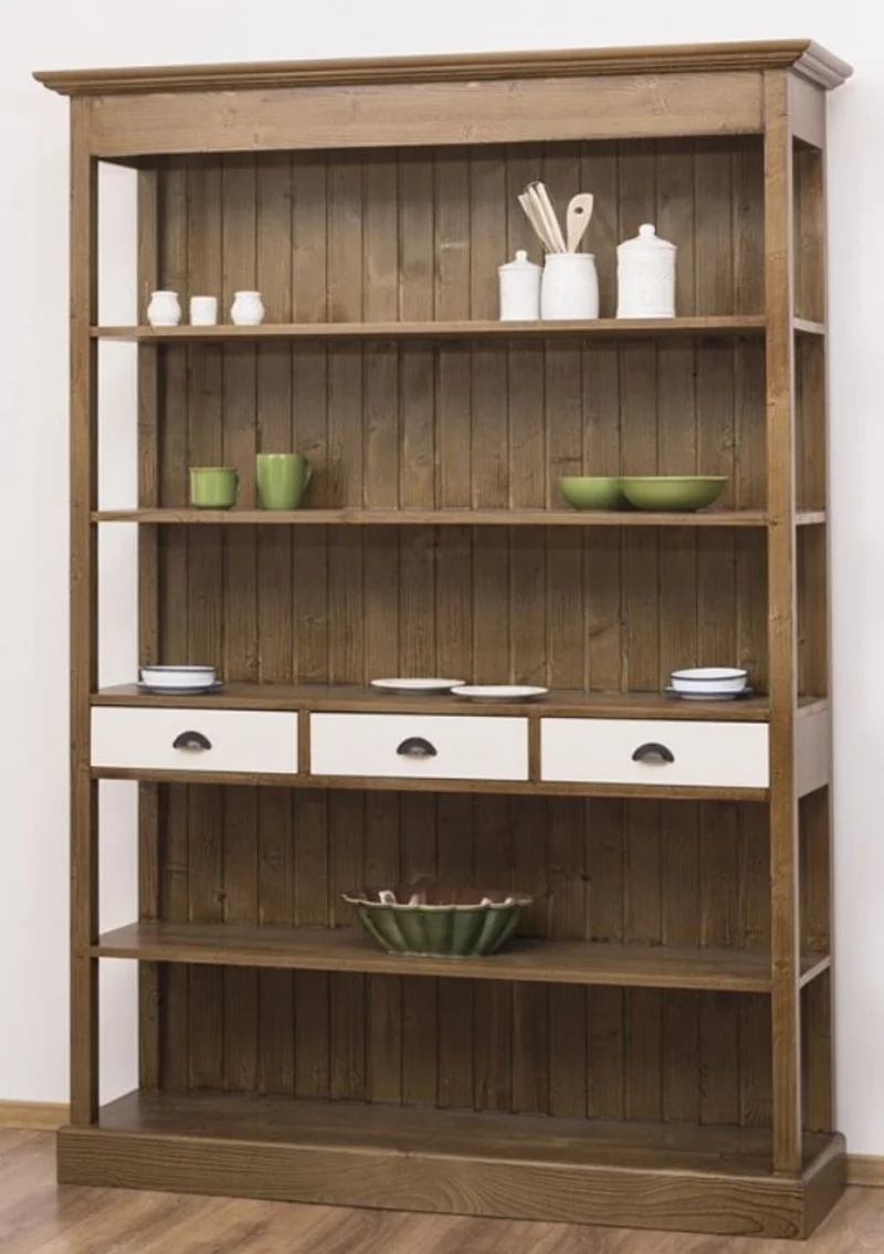 Casa Padrino Landhausstil Regalschrank Braun / Weiß 140 x 39 x H. 197 cm - Landhausstil Schrank mit 3 Schubladen - Massivholz Küchenschrank - Landhausstil Möbel