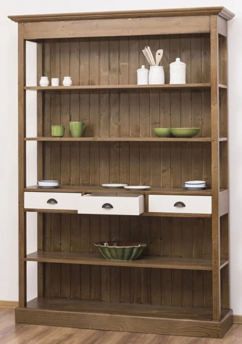 Casa Padrino Landhausstil Regalschrank Braun / Weiß 140 x 39 x H. 197 cm - Landhausstil Schrank mit 3 Schubladen - Massivholz Küchenschrank - Landhausstil Möbel
