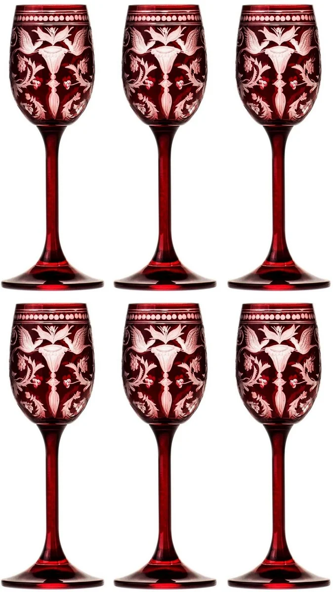 Casa Padrino Luxus Likörglas 6er Set Rot / Silber Ø 5,5 x H. 15 cm - Handgefertigte und handgravierte Likörgläser - Hotel & Restaurant Accessoires - Luxus Qualität