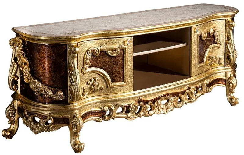 Casa Padrino Luxus Barock TV Schrank Creme / Beige / Braun / Gold 185 x 50 x H. 72 cm - Edler Fernsehschrank mit 2 Türen - Prunkvolle Barock Wohnzimmer Möbel