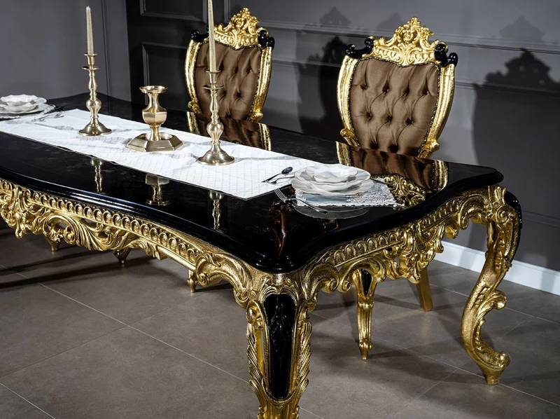 Casa Padrino Luxus Barock Esstisch Schwarz / Gold 230 x 114 x H. 80 cm - Prunkvoller Massivholz Esszimmertisch - Esszimmer Möbel im Barockstil