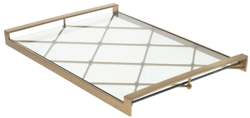 Casa Padrino Luxus Serviertablett Messingfarben 48 x 34 x H. 4 cm - Edelstahl Tablett mit gehärteter Glasplatte - Gastronomie Accessoires - Luxus Qualität
