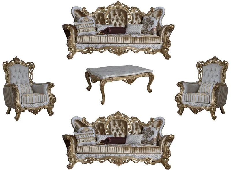 Casa Padrino Luxus Barock Wohnzimmer Set Gold / Weiß / Grau / Gold - 2 Sofas & 2 Sessel & 1 Couchtisch - Barock Wohnzimmer Möbel - Edel & Prunkvoll