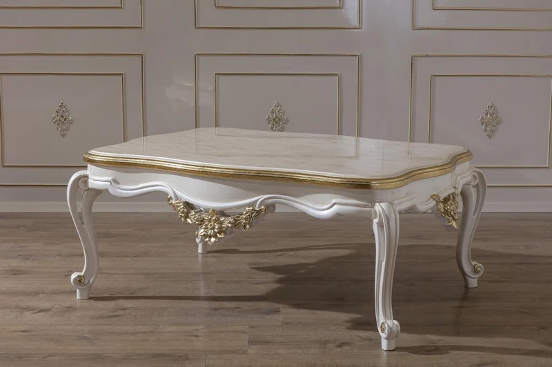 Casa Padrino Luxus Barock Couchtisch Weiß / Gold 130 x 90 x H. 47 cm - Prunkvoller Massivholz Wohnzimmertisch im Barockstil - Barock Möbel
