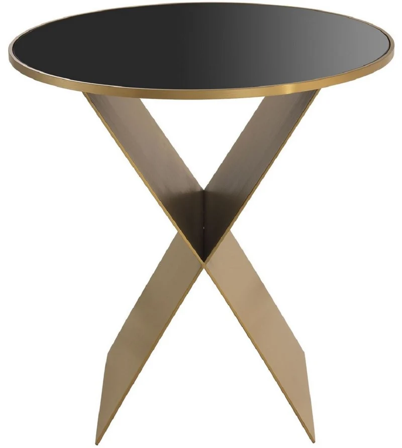 Casa Padrino Luxus Beistelltisch Messingfarben / Schwarz Ø 50 x H. 50 cm - Runder Edelstahl Tisch mit Glasplatte - Wohnzimmer Möbel - Luxus Kollektion