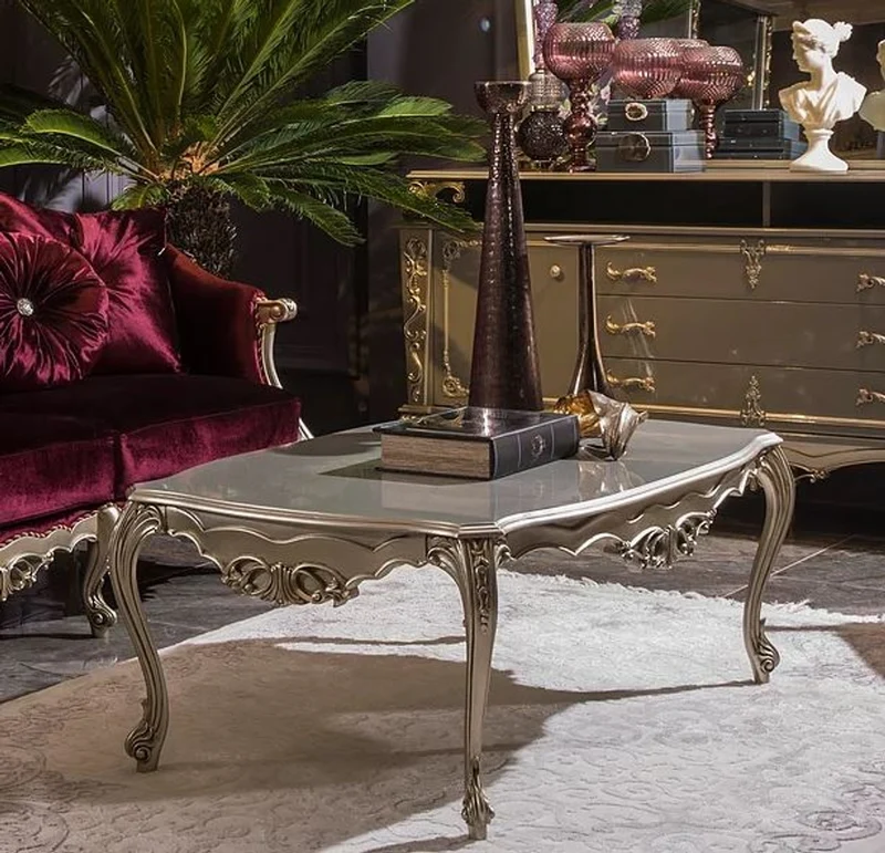 Casa Padrino Luxus Barock Couchtisch Silber 122 x 71 x H. 48 cm - Massivholz Wohnzimmertisch - Edle Barock Möbel