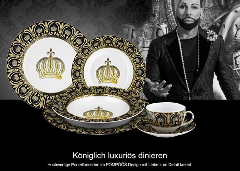 Harald Glööckler Pompöös Porzellan Sauciere mit Krone Weiß / Schwarz / Gold 17,8 x 12,4 x H. 8,5 cm - designed by Harald Glööckler