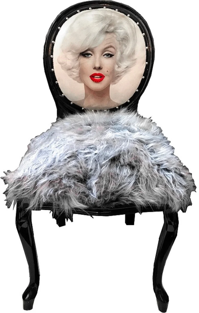 Casa Padrino Luxus Barock Esszimmerstuhl Set Marilyn Monroe Grau / Schwarz 50 x 60 x H. 104 cm - Handgefertigte Pop Art Designer Stühle mit Kunstfell - Barock Esszimmer Möbel