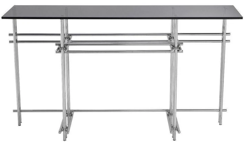 Casa Padrino Designer Konsole Silber / Grau 131 x 36,5 x H. 73 cm - Edelstahl Konsolentisch mit Glasplatte - Designer Möbel - Luxus Qualität