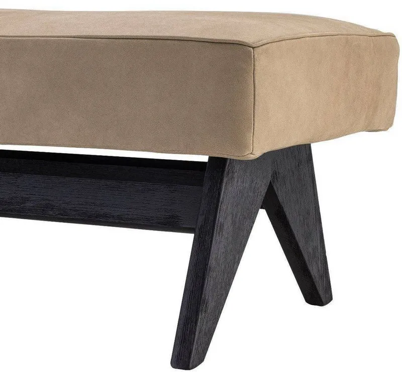 Casa Padrino Luxus Echtleder Bank Beige / Schwarz 164 x 54 x H. 44 cm - Gepolsterte Massivholz Sitzbank mit edlem Nubuk Büffelleder - Luxus Möbel