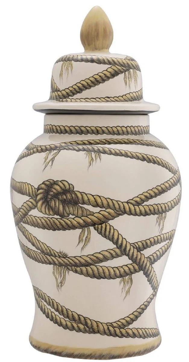 Casa Padrino Luxus Porzellan Vase Beige Ø 31 x H. 67 cm - Runde Blumenvase mit Deckel - Deko Accessoires