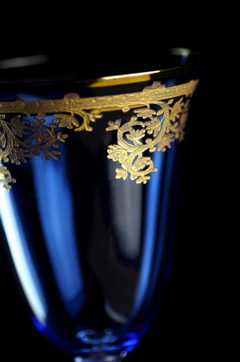 Casa Padrino Luxus Barock Weinglas 6er Set Hellblau / Gold Ø 9 x H. 21,5 cm - Handgefertigte gravierte und handbemalte Weingläser - Hotel & Restaurant Accessoires - Luxus Qualität