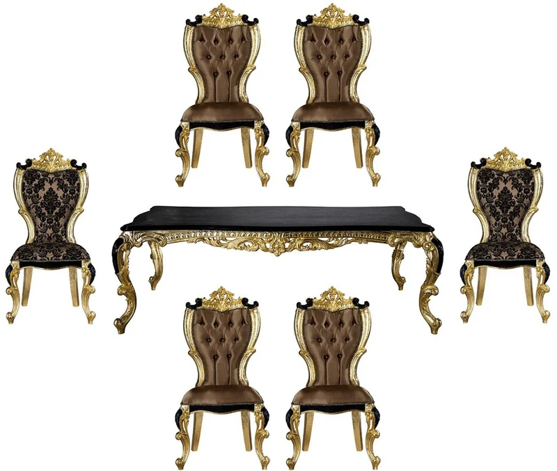 Casa Padrino Luxus Barock Esszimmer Set Braun / Schwarz / Gold - 1 Esstisch & 6 Esszimmerstühle - Prunkvolle Esszimmer Möbel im Barockstil