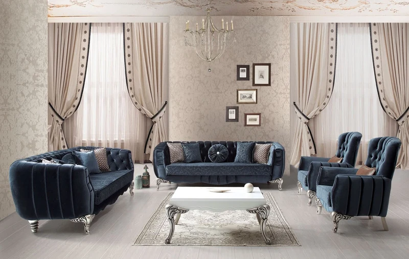 Casa Padrino Luxus Barock Sofa Blau / Silber 235 x 103 x H. 82 cm - Barockstil Wohnzimmer Sofa mit dekorativen Kissen - Barock Wohnzimmer Möbel