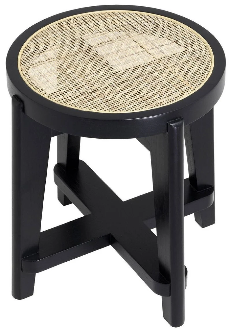 Casa Padrino Luxus Hocker Schwarz / Naturfarben Ø 44,5 x H. 47 cm - Runder Massivholz Sitzhocker mit Rattangeflecht - Wohnzimmer Möbel