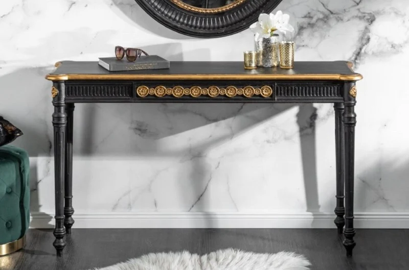 Casa Padrino Barock Konsole Schwarz / Gold 125 x 40 x H. 75,5 cm - Antik Stil Konsolentisch - Wohnzimmer Möbel im Barockstil - Barock Möbel