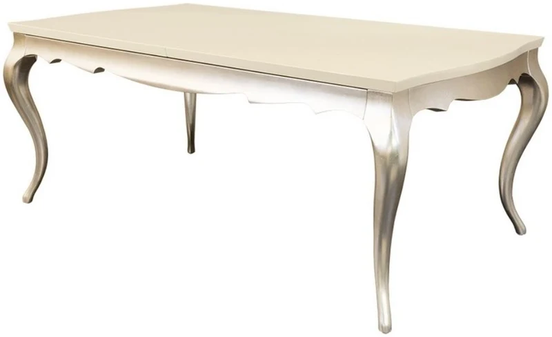 Casa Padrino Art Deco Esstisch Creme / Silber 189-240 x 108 x H. 76 cm - Ausziehbarer Massivholz Küchentisch - Art Deco Esszimmer Möbel