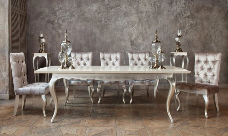 Casa Padrino Art Deco Esstisch Creme / Silber 189-240 x 108 x H. 76 cm - Ausziehbarer Massivholz Küchentisch - Art Deco Esszimmer Möbel