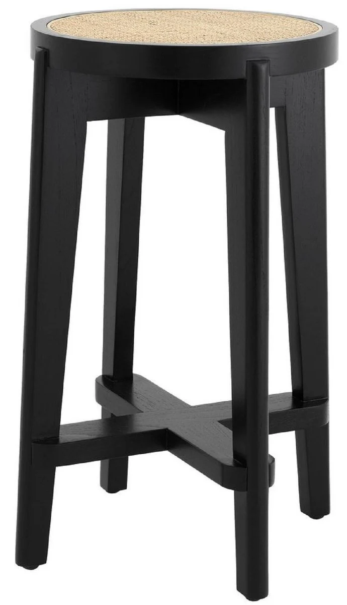Casa Padrino Luxus Barhocker Schwarz / Naturfarben Ø 44 x H. 67 cm - Runder Massivholz Barstuhl - Bar Möbel