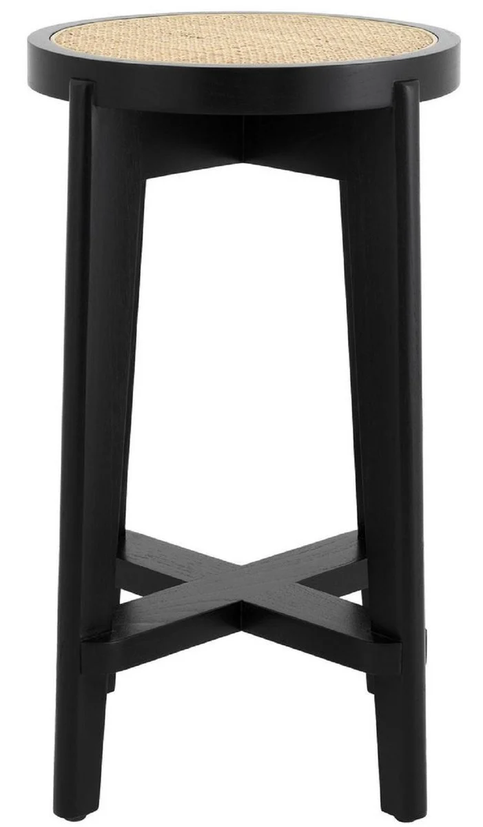 Casa Padrino Luxus Barhocker Schwarz / Naturfarben Ø 44 x H. 67 cm - Runder Massivholz Barstuhl - Bar Möbel