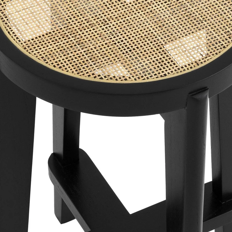 Casa Padrino Luxus Barhocker Schwarz / Naturfarben Ø 44 x H. 67 cm - Runder Massivholz Barstuhl - Bar Möbel