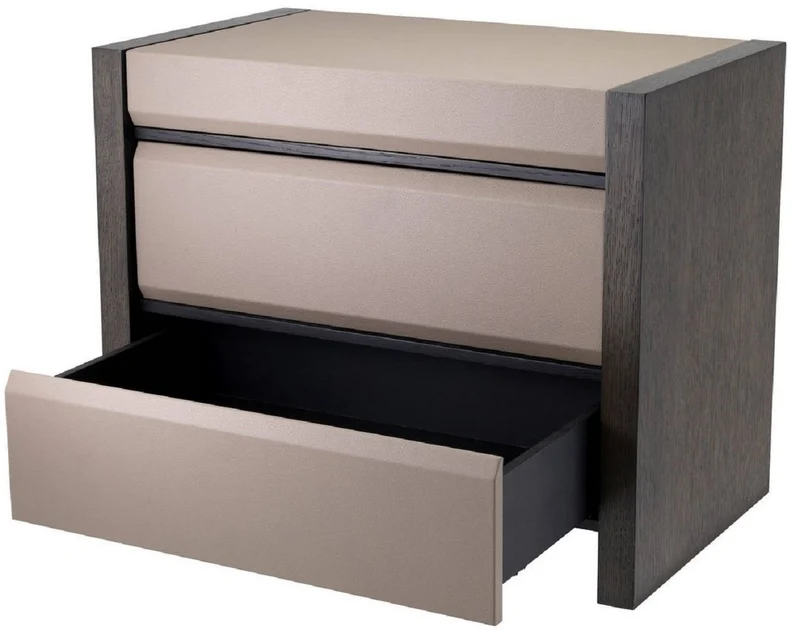 Casa Padrino Luxus Nachttisch Grau / Mokkafarben 76 x 46 x H. 61,5 cm - Beistelltisch mit 2 Schubladen und Lederoptik - Luxus Schlafzimmer Möbel