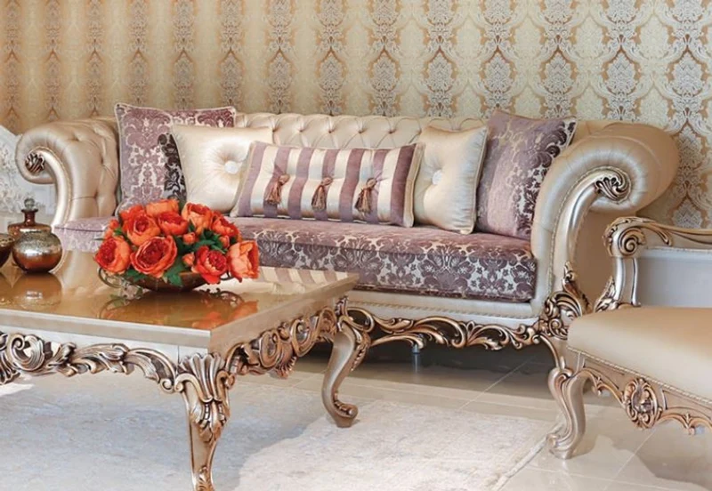 Casa Padrino Luxus Barock Sofa Lila / Creme / Beige / Kupferfarben 260 x 100 x H. 90 cm - Prunkvolles Wohnzimmer Sofa mit edlem Muster - Barock Wohnzimmer Möbel