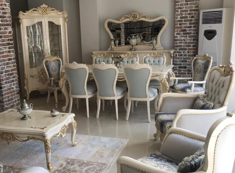 Casa Padrino Luxus Barock Esszimmer Set Hellblau / Dunkelblau / Weiß / Gold - 1 Esstisch & 8 Esszimmerstühle - Prunkvolle Esszimmermöbel im Barockstil - Luxus Qualität