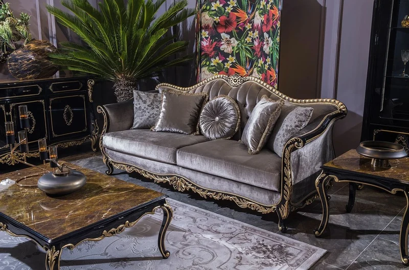 Casa Padrino Luxus Barock Sofa Silber / Schwarz / Gold 220 x 88 x H. 107 cm - Prunkvolles Wohnzimmer Sofa mit dekorativen Kissen - Edel & Prunkvoll