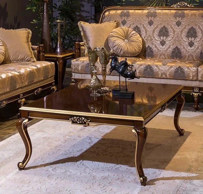 Casa Padrino Luxus Barock Couchtisch Braun / Gold 129 x 94 x H. 46 cm - Eleganter Massivholz Wohnzimmertisch - Barock Wohnzimmer Möbel