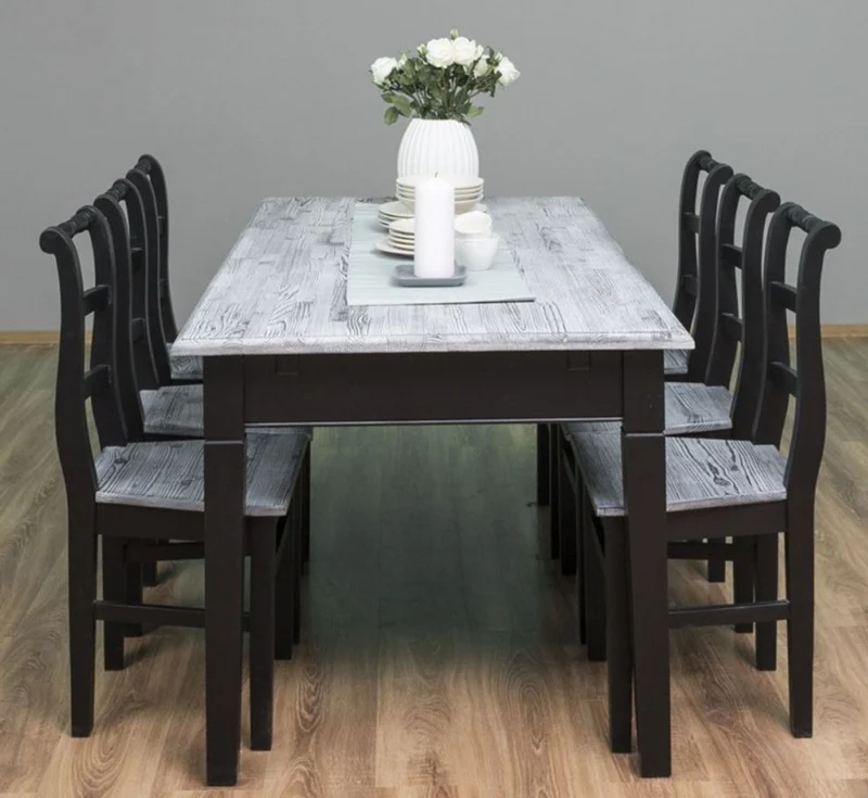 Casa Padrino Landhausstil Esszimmer Möbel Set Antik Weiß / Schwarz - 1 Esstisch & 6 Esszimmerstühle - Massivholz Esszimmer Möbel - Landhausstil Möbel