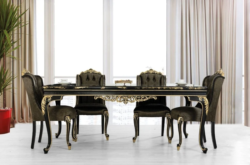 Casa Padrino Luxus Barock Esszimmer Set Schwarz / Gold - 1 Esszimmertisch & 6 Esszimmerstühle - Edle Barock Esszimmer Möbel - Edel & Prunkvoll