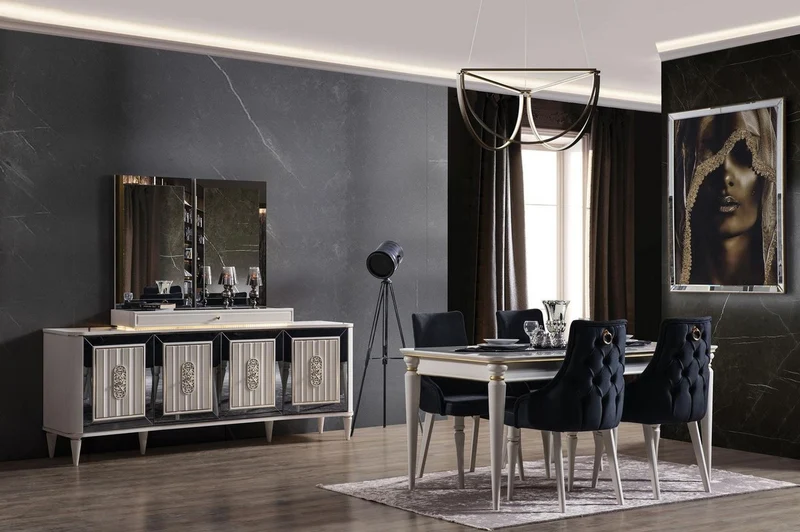 Casa Padrino Luxus Art Deco Esszimmer Set Dunkelblau / Weiß / Gold - 1 ausziehbarer Esszimmertisch & 6 Esszimmerstühle - Art Deco Esszimmer Möbel - Luxus Qualität