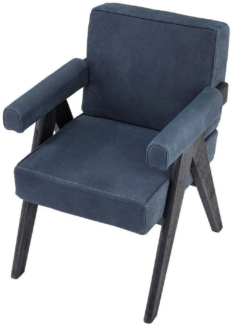 Casa Padrino Luxus Echtleder Esszimmerstuhl mit Armlehnen Blau / Schwarz 64 x 70 x H. 87,5 cm - Küchenstuhl mit edlem Nubuk Büffelleder - Luxus Esszimmer Möbel