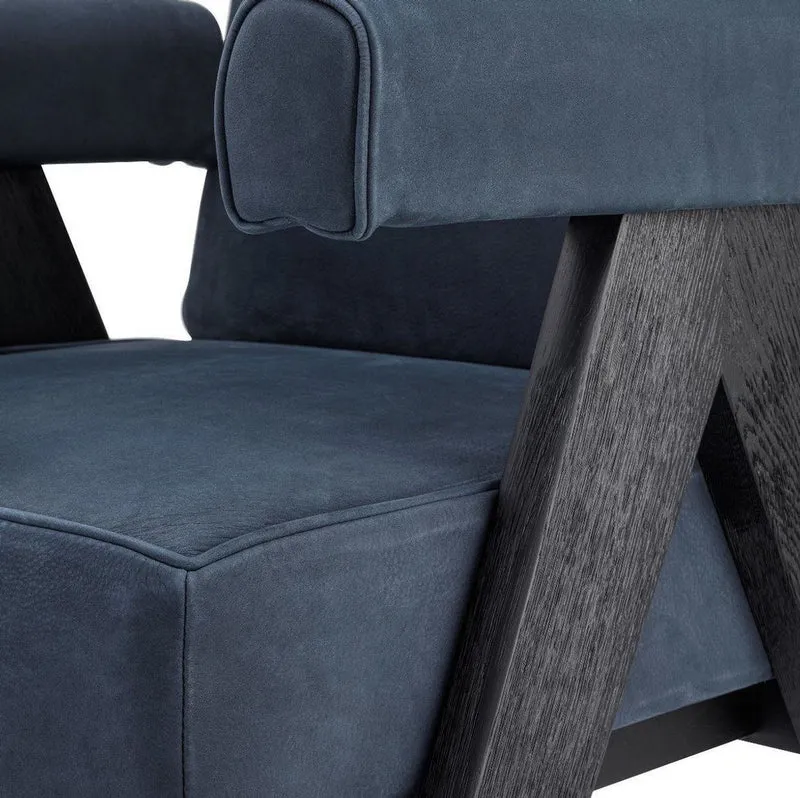 Casa Padrino Luxus Echtleder Esszimmerstuhl mit Armlehnen Blau / Schwarz 64 x 70 x H. 87,5 cm - Küchenstuhl mit edlem Nubuk Büffelleder - Luxus Esszimmer Möbel