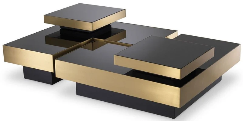 Casa Padrino Luxus Couchtisch Set Messingfarben / Schwarz - 2 L-förmige Wohnzimmertische mit 2 quadratischen Tabletts - Wohnzimmer Möbel - Luxus Kollektion