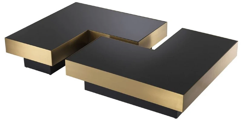 Casa Padrino Luxus Couchtisch Set Messingfarben / Schwarz - 2 L-förmige Wohnzimmertische mit 2 quadratischen Tabletts - Wohnzimmer Möbel - Luxus Kollektion