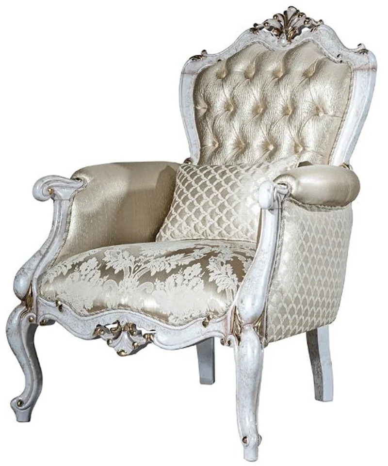 Casa Padrino Luxus Barock Sessel Gold / Antik Weiß / Gold 80 x 80 x H. 116 cm - Wohnzimmer Sessel mit elegantem Muster und dekorativem Kissen - Barock Wohnzimmer Möbel
