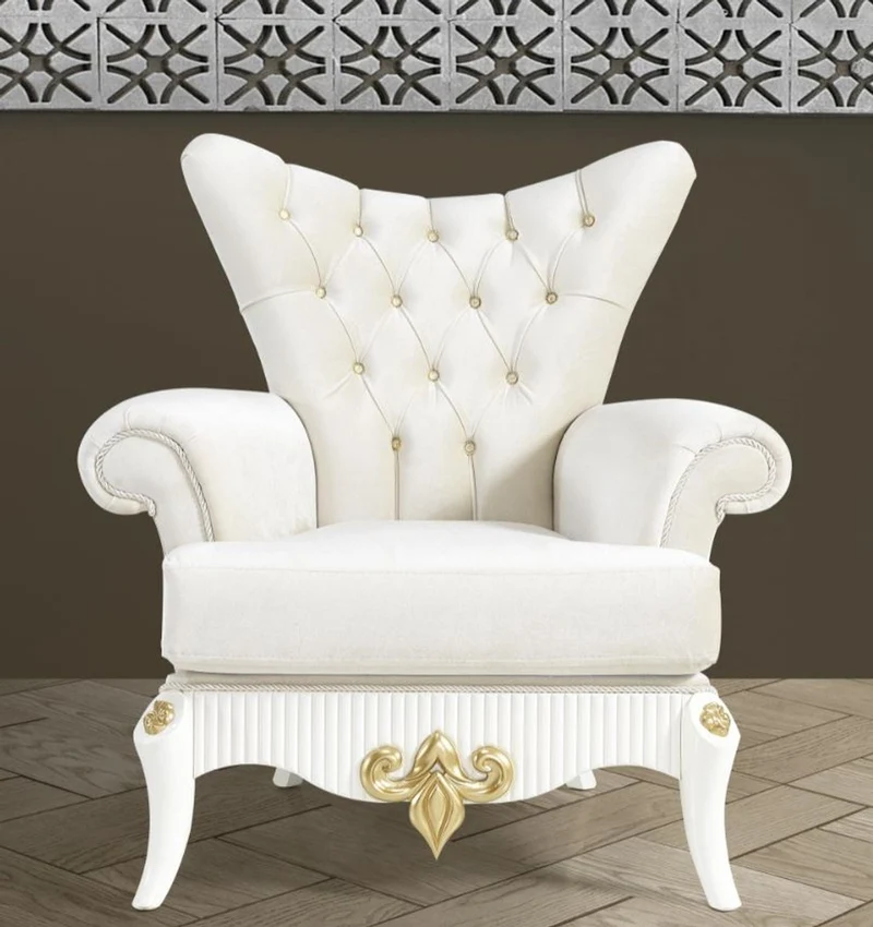 Casa Padrino Barock Sessel Creme / Weiß / Gold 112 x 85 x H. 112 cm - Wohnzimmer Sessel mit Glitzersteinen - Edle Barock Möbel